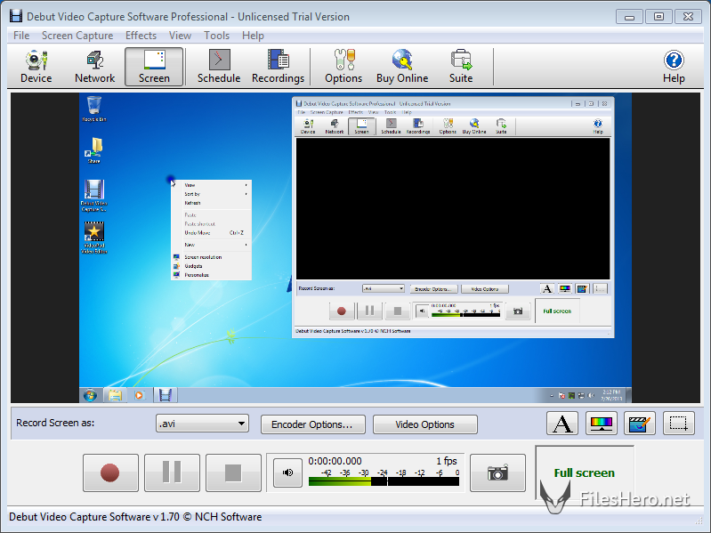 debut video capture software full screen